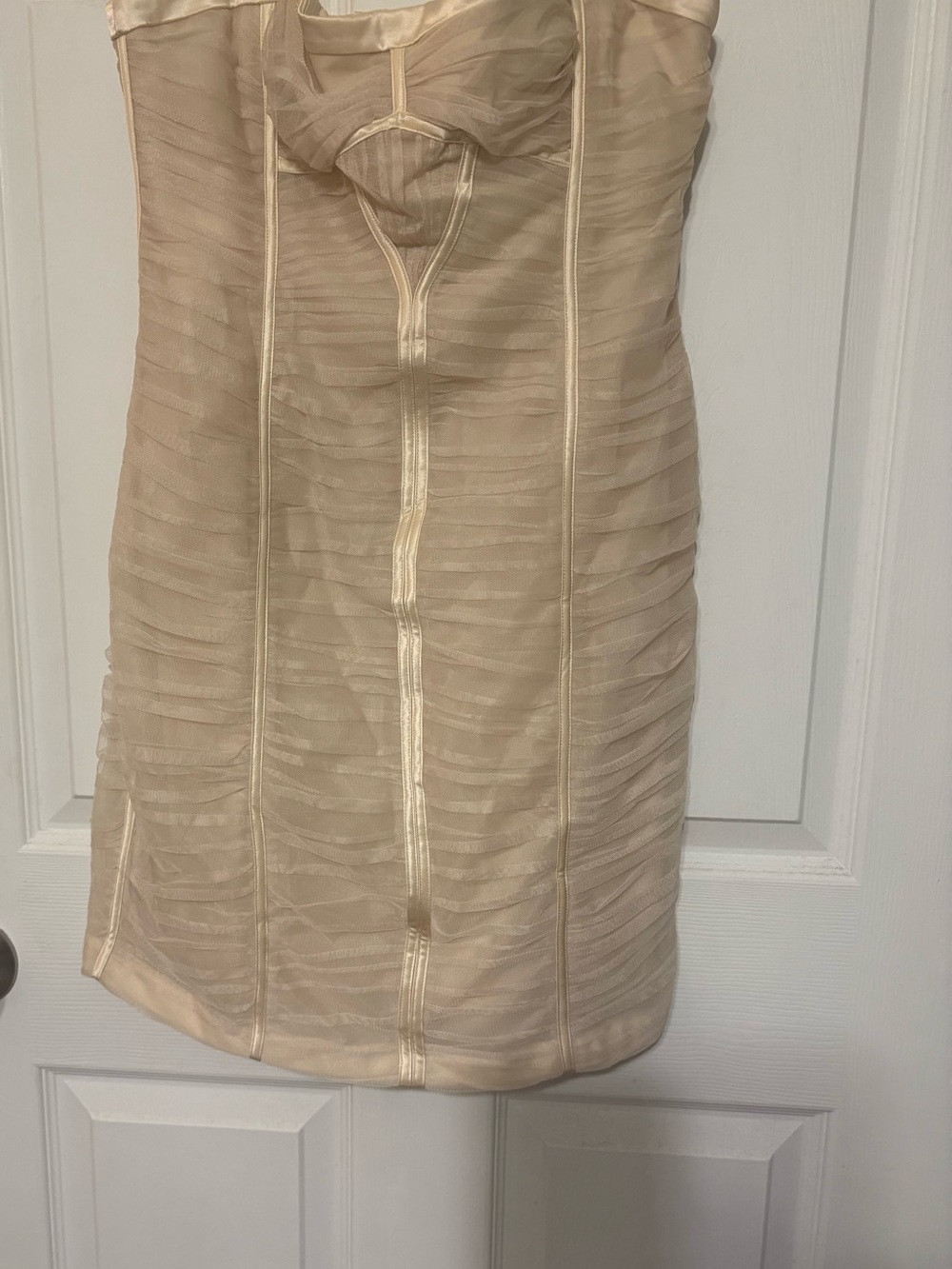 BCBGMaxAzria Strapless Sheer Panel Mini Dress in Nude